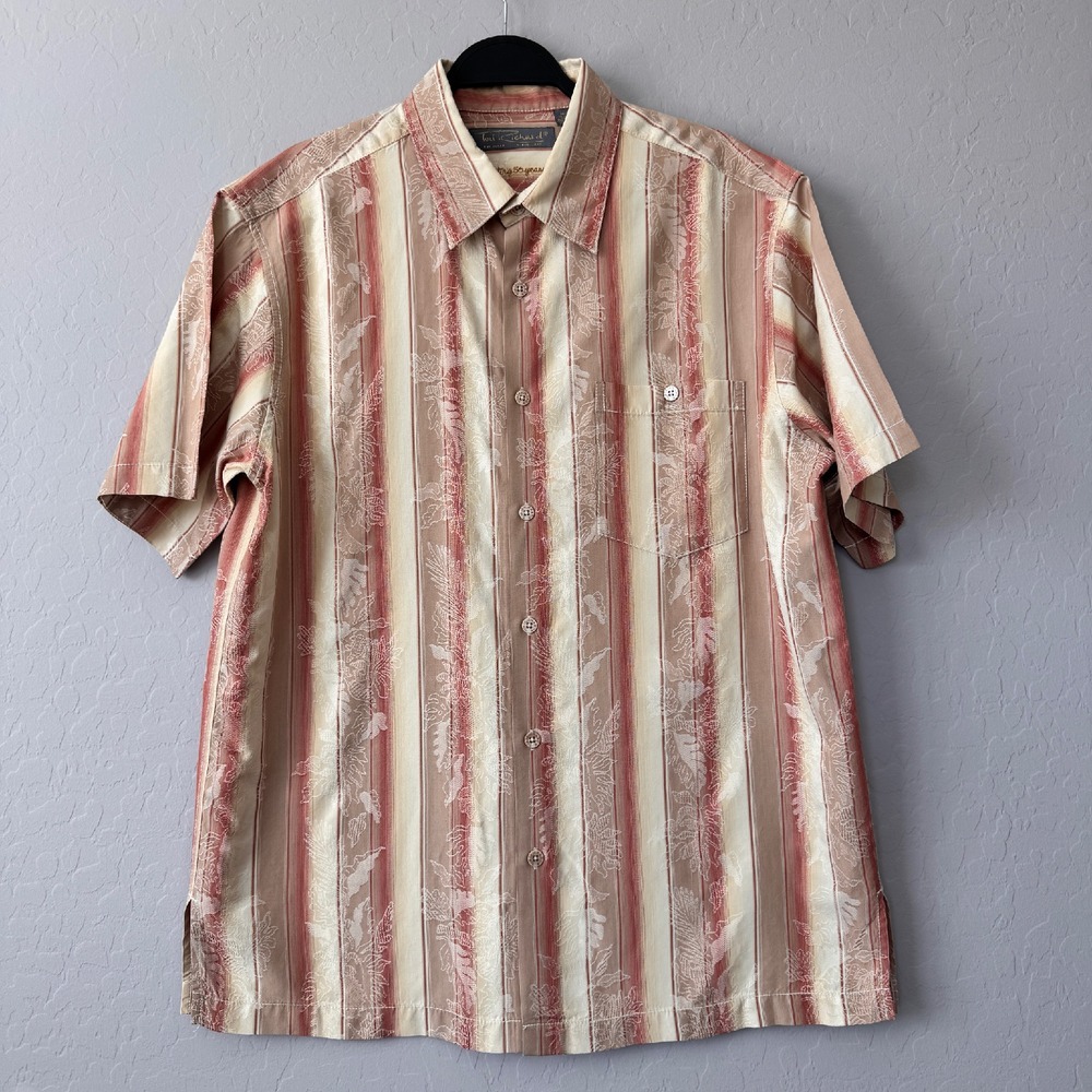 Tori Richard Silk Blend Button Up Shirt Striped Floral Print Resort Wear L‎